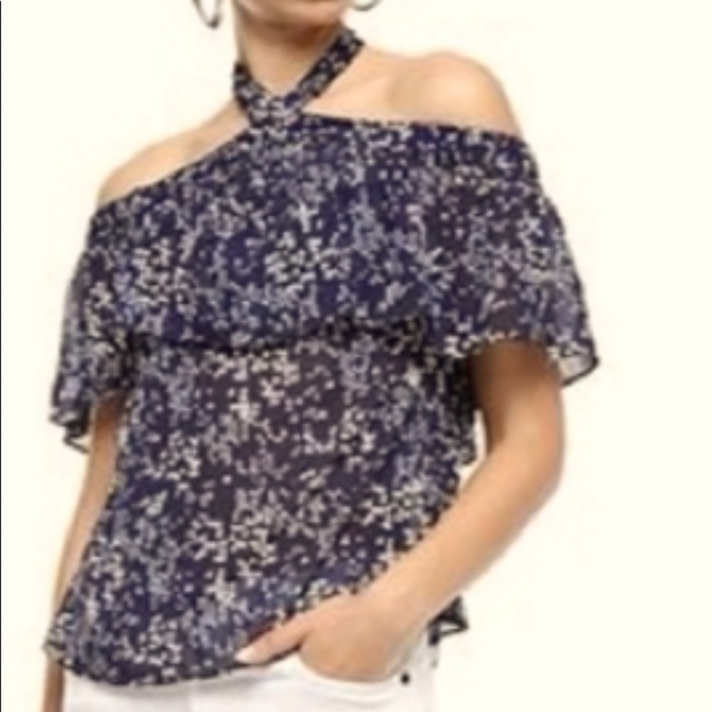 Micheal Kors Blue Floral Printed off the Shoulder Halter Top